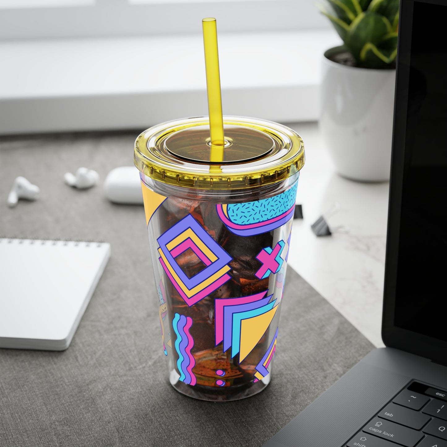 Retro Memphis Pattern Acryclic Tumbler with Straw, 16oz