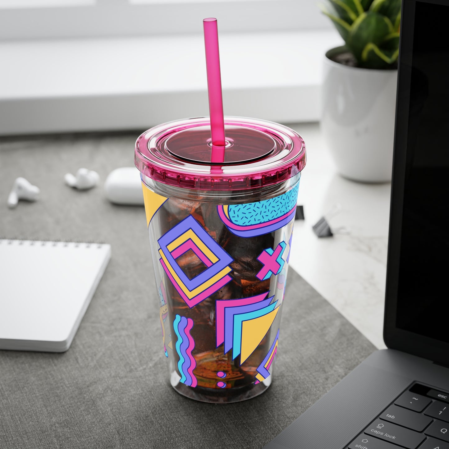 Retro Memphis Pattern Acryclic Tumbler with Straw, 16oz